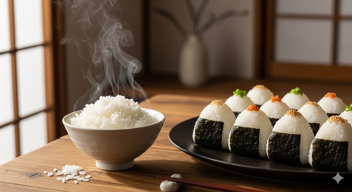 2025年の新米を炊き立てで味わう湯気の立つご飯とおにぎりの盛り付け