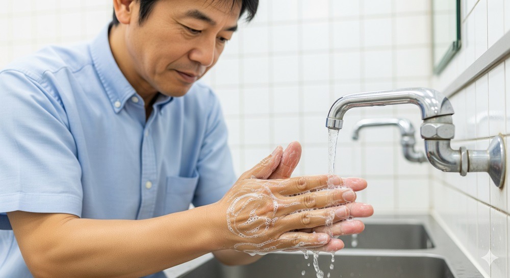 中年男性が石けんで丁寧に手を洗う様子。家庭でのインフル予防の基本