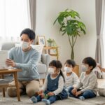 家庭でできるインフルエンザ予防の準備をする日本人家族。マスクや加湿器を活用して安心な生活を整えている様子