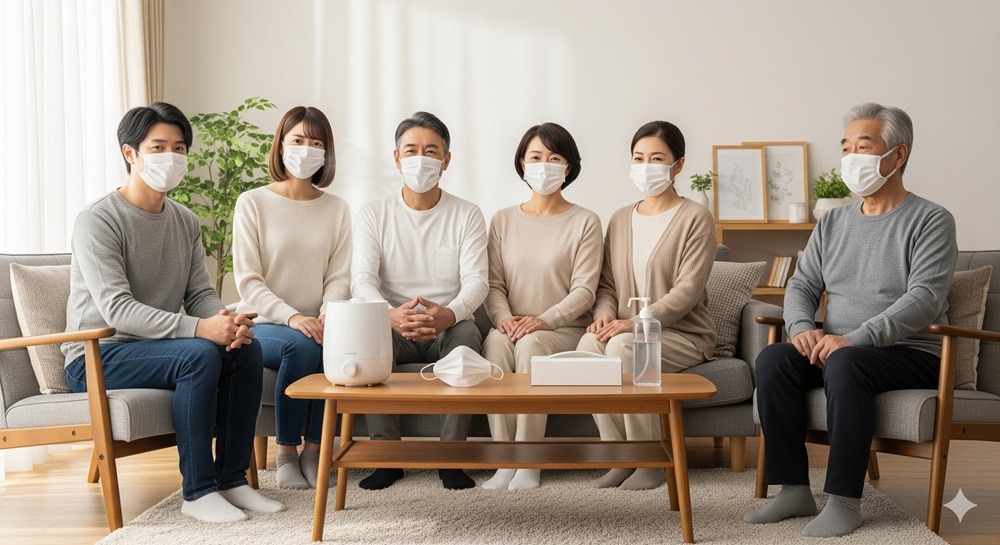50代の中年夫婦を含む6人家族が、マスクを着用してリビングでインフルエンザ予防を実践。加湿器や消毒用品を備えて安心して過ごす様子