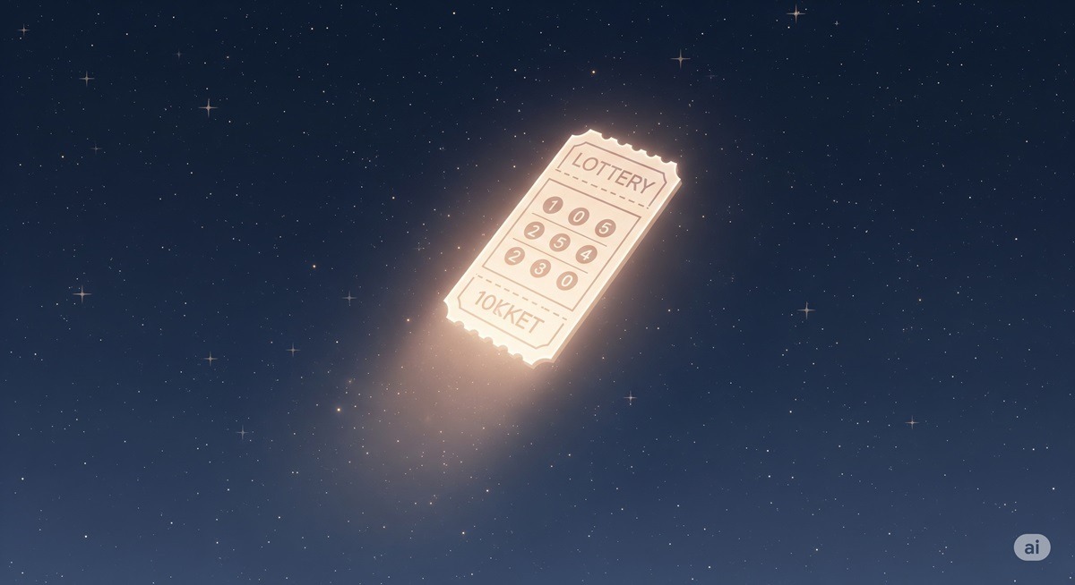 夜空に浮かぶ光り輝く宝くじのチケット。夢や希望を象徴する幻想的なイメージ