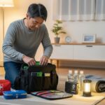 中年男性がリビングで非常持ち出し袋を確認し、防災用品（懐中電灯、水、救急セット、ラジオ、毛布）を丁寧に準備している様子。