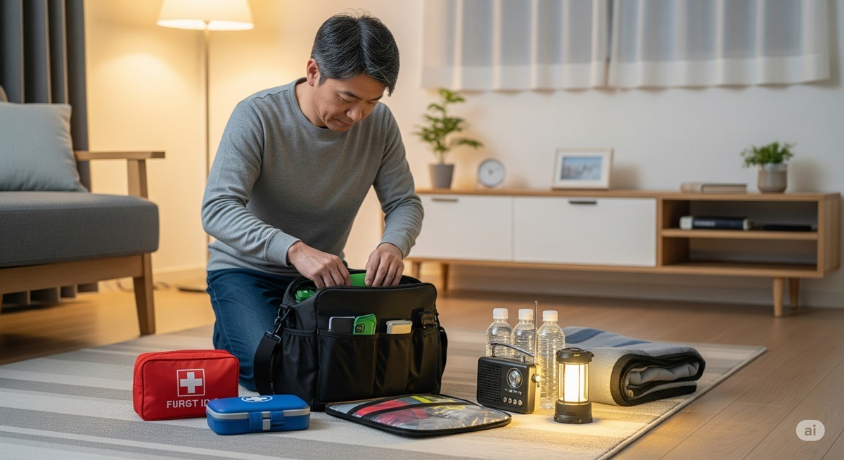 中年男性がリビングで非常持ち出し袋を確認し、防災用品（懐中電灯、水、救急セット、ラジオ、毛布）を丁寧に準備している様子。