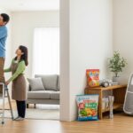 中年夫婦が家具を固定し、非常食や懐中電灯、簡易トイレ、ペット用品を備えている地震対策の様子。