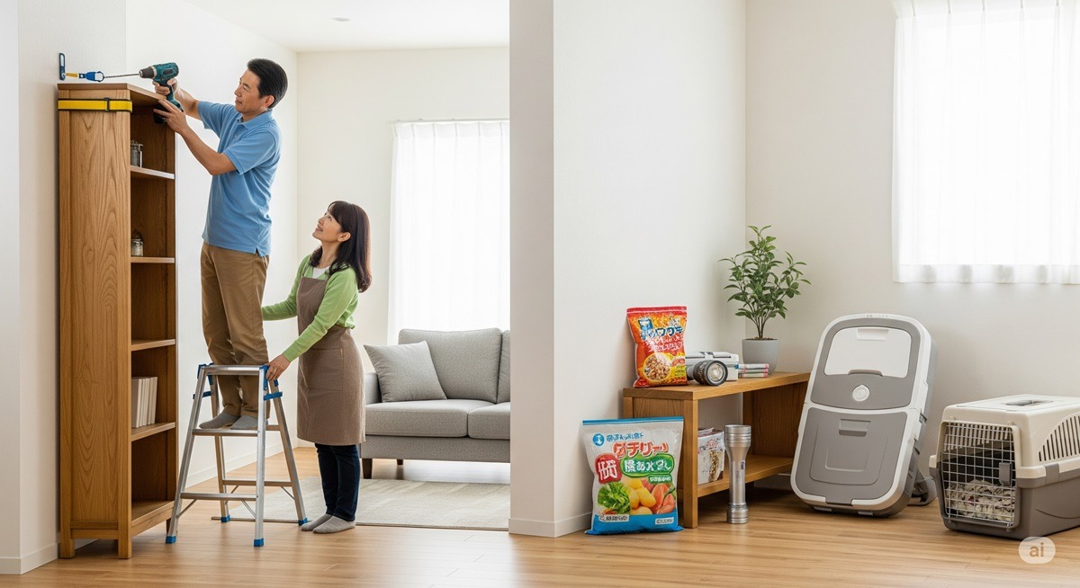 中年夫婦が家具を固定し、非常食や懐中電灯、簡易トイレ、ペット用品を備えている地震対策の様子。