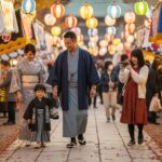 秋祭りの参道で、着物姿の中年夫婦が子どもと手をつなぎながら歩き、屋台や提灯の並ぶ賑やかな雰囲気を楽しんでいる。