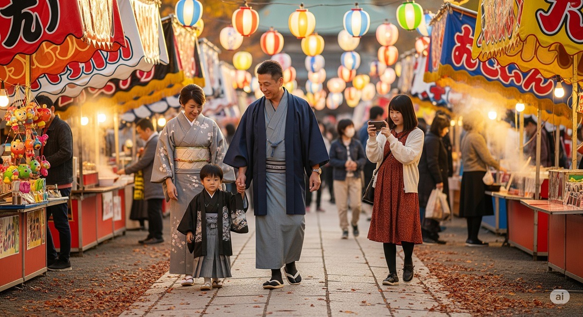 秋祭りの参道で、着物姿の中年夫婦が子どもと手をつなぎながら歩き、屋台や提灯の並ぶ賑やかな雰囲気を楽しんでいる。