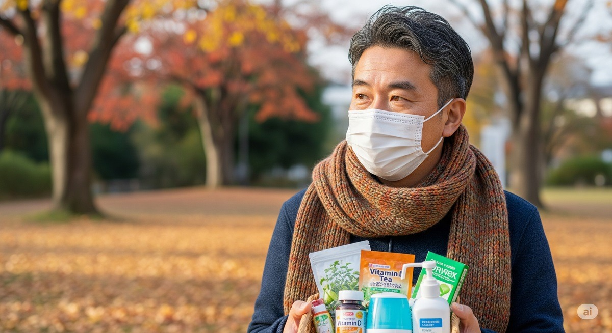 秋の公園でマスクとマフラーを着けた中年男性が、ビタミン剤やお茶、消毒液などの健康対策グッズを手に持っている。