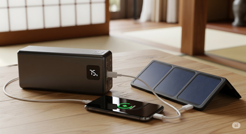 停電時にスマホを充電するための大容量モバイルバッテリーとソーラーチャージャー。和室のテーブル上で充電中。