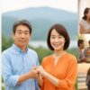 50代の日本人夫婦が笑顔で立ち、お金と幸せのバランスを象徴する現代風の写真