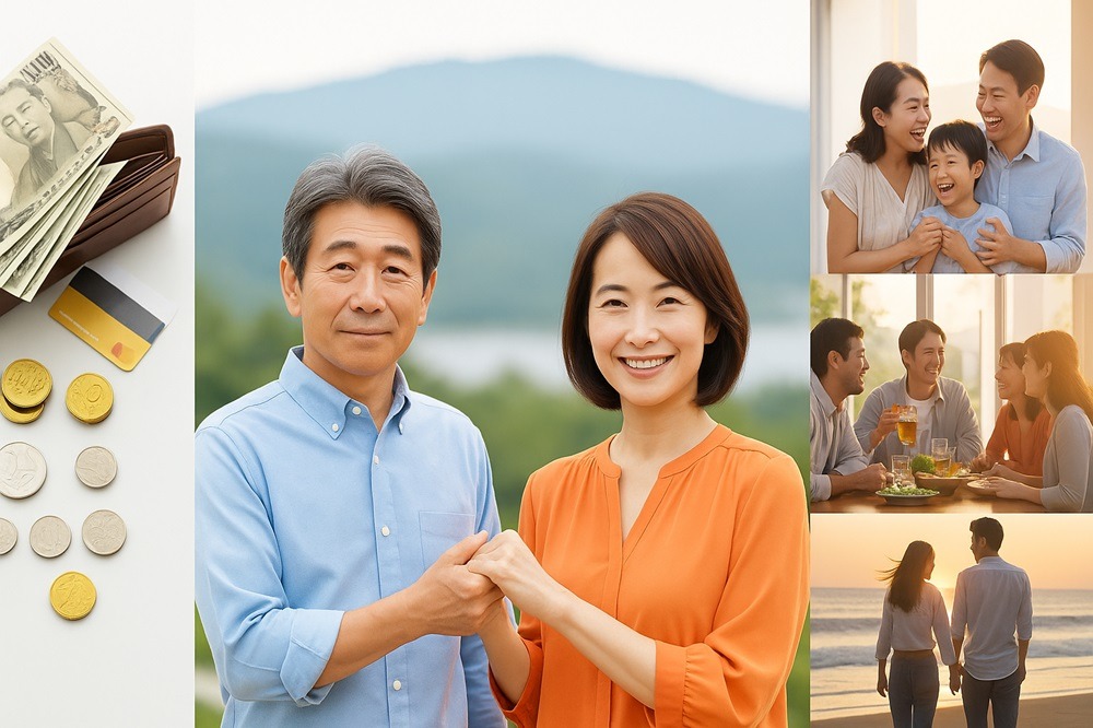 50代の日本人夫婦が笑顔で立ち、お金と幸せのバランスを象徴する現代風の写真