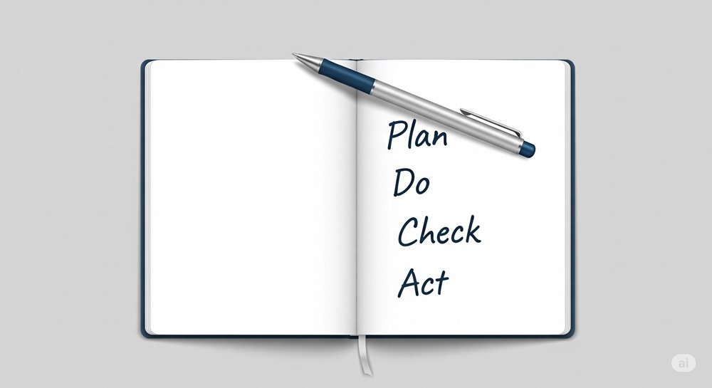 ノートにPlan・Do・Check・Actと書かれた文字とペン。PDCAサイクルを表すイメージ