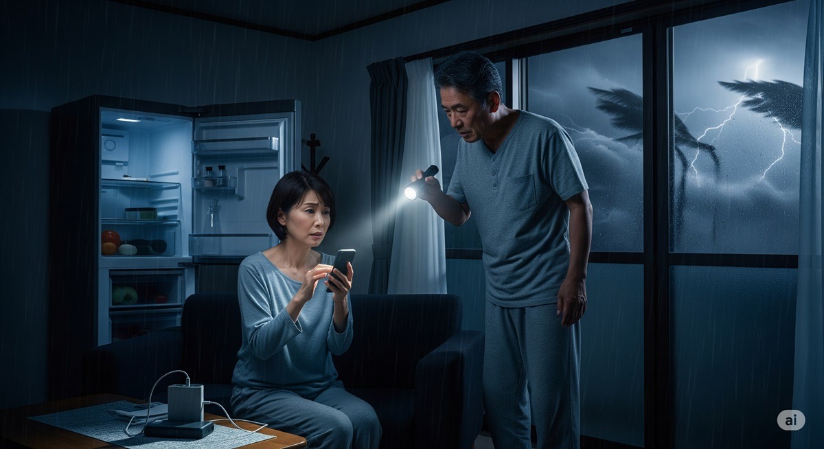 台風による停電で懐中電灯を使いながらスマホを確認する中年夫婦。外は強風と雷雨、冷蔵庫も停電中。