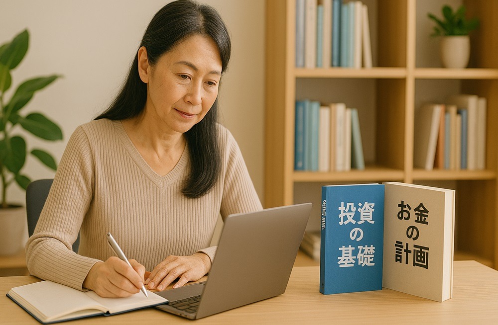 50代の日本人女性が書斎のデスクでノートパソコンを操作しながら、投資やお金の計画に関する本を参考にノートへ書き込んでいる様子。