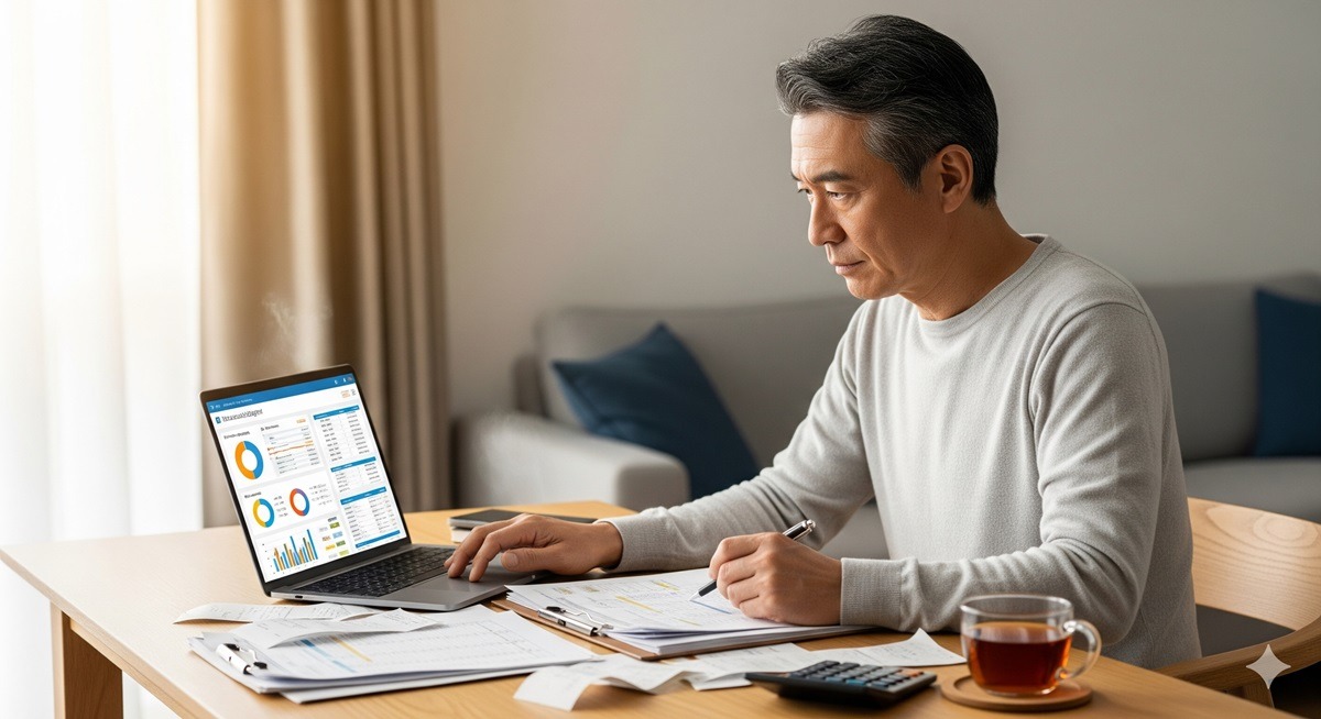 50代の日本人男性がノートパソコンで資産管理画面を確認しながら、机に広げた書類にメモを取っている様子。