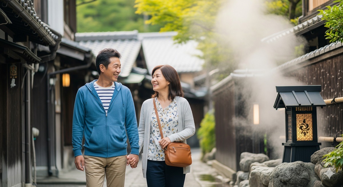 50代夫婦が日本の温泉街や自然の中を散策しながら安心して旅行を楽しむ様子を表したアイキャッチ画像