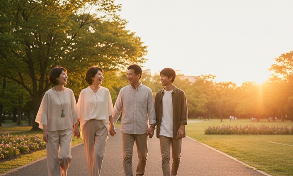 夕暮れの公園を家族と笑顔で散歩する50代夫婦と子どもたち。協力し合いながら前向きにやる気を取り戻す様子。
