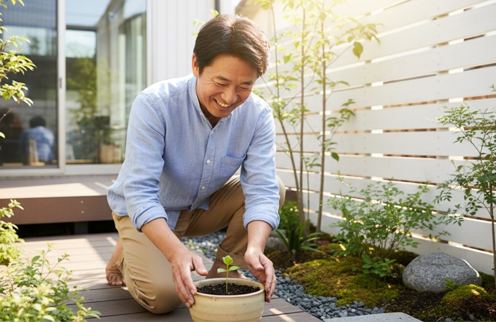 家庭菜園で苗を植えながら笑顔を見せる50代男性。小さな成功体験を楽しんでいる様子。