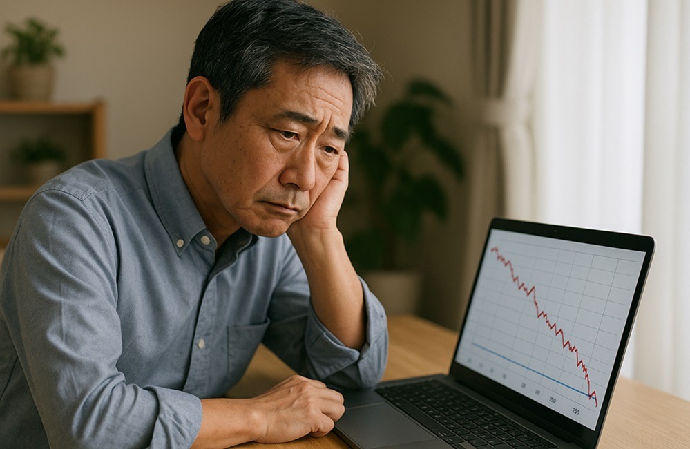 50代の日本人男性がノートPCの画面に映る下落グラフを見て不安そうに悩んでいる様子。投資の失敗や資産の減少に直面し、真剣に考えている表情。