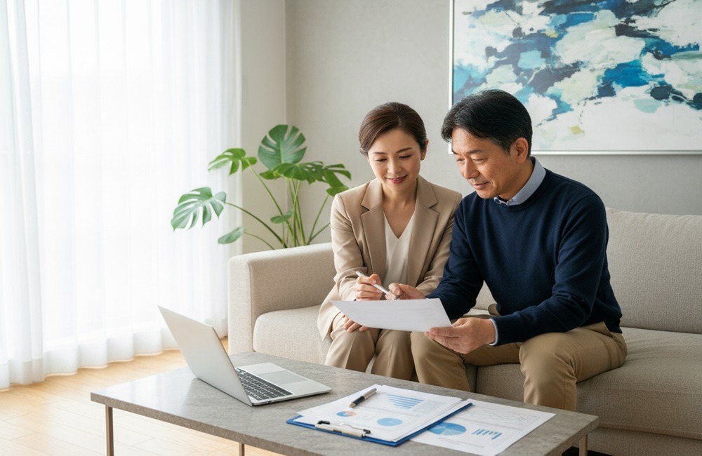 50代の日本人夫婦がリビングで投資資料を確認しながら相談している様子。ノートPCと書類を前に、安心感のある雰囲気で資産運用を話し合っている。
