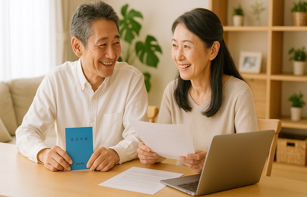 50代の日本人夫婦がリビングで年金手帳や書類を確認しながら、将来のライフプランについて笑顔で話し合っている様子。
