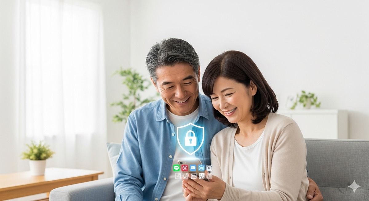50代夫婦がスマートフォンを操作しながら、LINEやSNSのプライバシー設定で安心している様子