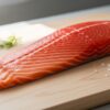 新鮮で美しい赤い鮭の切り身が、木製のまな板の上に置かれている。まわりに塩とハーブが添えられており、食材の質の高さが伝わる。