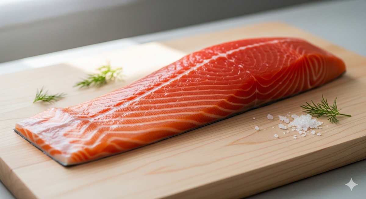 新鮮で美しい赤い鮭の切り身が、木製のまな板の上に置かれている。まわりに塩とハーブが添えられており、食材の質の高さが伝わる。
