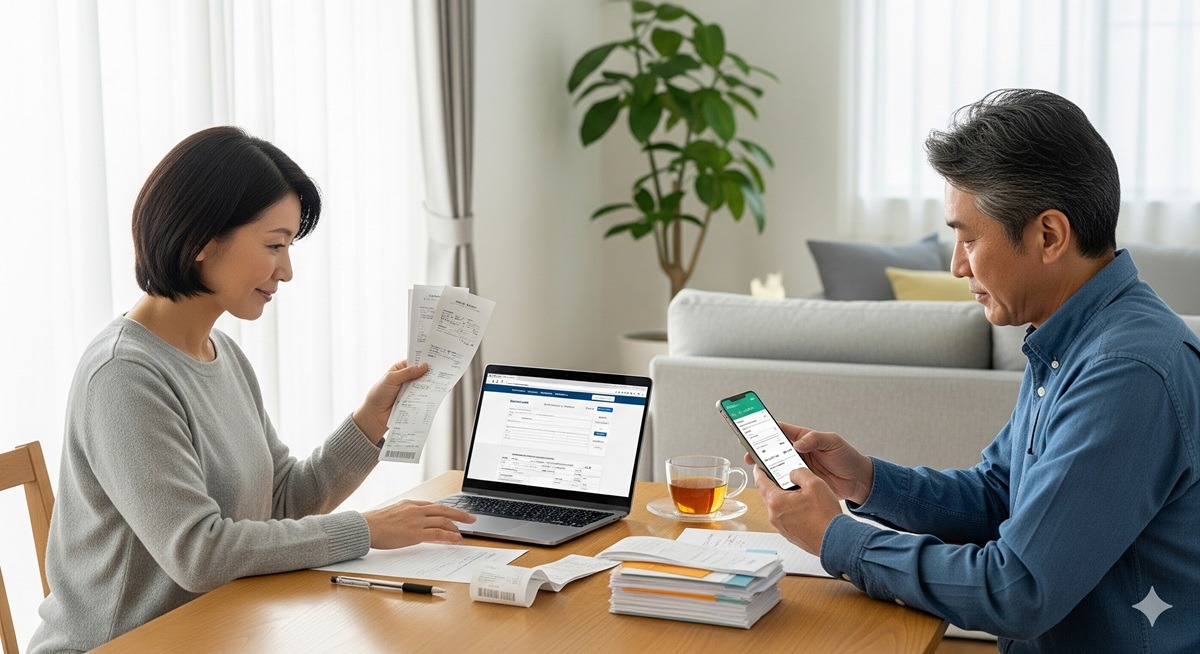 50代の日本人夫婦が医療費控除のために領収書を整理し、ノートパソコンで確定申告を行う様子
