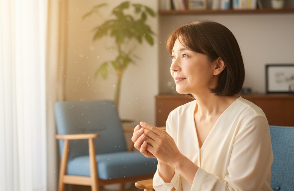 前向きな表情で未来を見つめる50代女性。やる気を取り戻すきっかけを感じている様子。