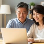 50代の日本人夫婦がノートパソコンを見ながら笑顔でNISA・iDeCoについて学んでいる様子