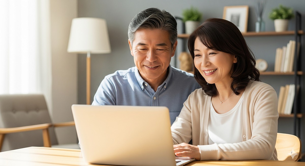 50代の日本人夫婦がノートパソコンを見ながら笑顔でNISA・iDeCoについて学んでいる様子