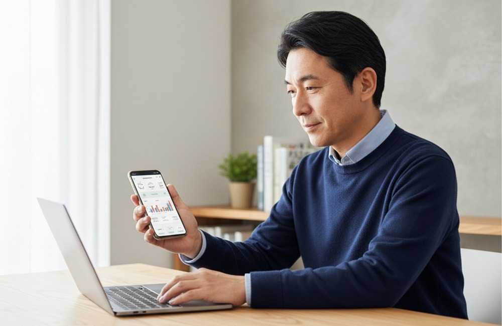 50代の日本人男性が自宅デスクでノートPCを使いながら、スマートフォンで投資アプリのチャートを確認している様子。落ち着いた表情で資産運用をチェックしている。