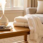 陽の光が差し込むリビングで、アロマディフューザーと清潔な白いタオルが置かれている。落ち着いた雰囲気の部屋に溶け込む、洗練されたお歳暮ギフトのイメージ。