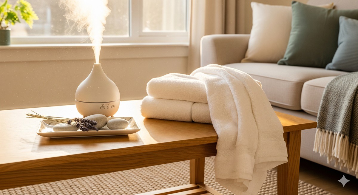 陽の光が差し込むリビングで、アロマディフューザーと清潔な白いタオルが置かれている。落ち着いた雰囲気の部屋に溶け込む、洗練されたお歳暮ギフトのイメージ。