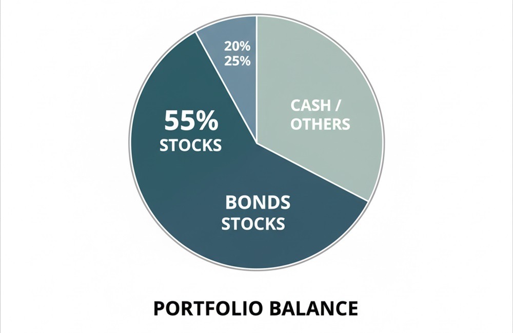 株式55％・債券25％・現金等20％のバランスを示したポートフォリオ円グラフ。50代の資産運用における守りと成長の比率をわかりやすく視覚化したもの。