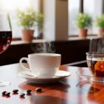 窓から光が差し込むカフェのテーブルに、ワイングラス、湯気の立つコーヒーカップ、紅茶が入ったティーカップが並んでいる。大人が楽しむ上質な飲み物ギフトのイメージ。