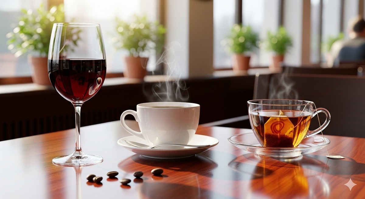 窓から光が差し込むカフェのテーブルに、ワイングラス、湯気の立つコーヒーカップ、紅茶が入ったティーカップが並んでいる。大人が楽しむ上質な飲み物ギフトのイメージ。