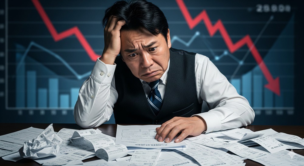 退職金の運用や税金で悩み、頭を抱える中年男性のイメージ