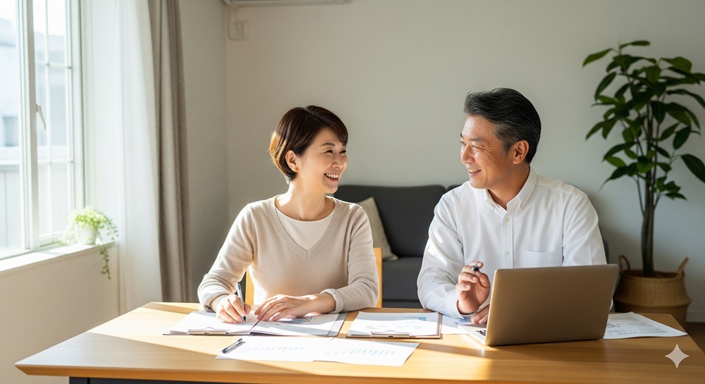 退職金の活用について相談しながら安心した表情を見せる50代夫婦のイメージ