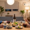 50代の日本人夫婦が夜に自宅で軽めの和食を楽しむ様子。健康的な食事習慣が快眠につながるイメージを表現した写真。
