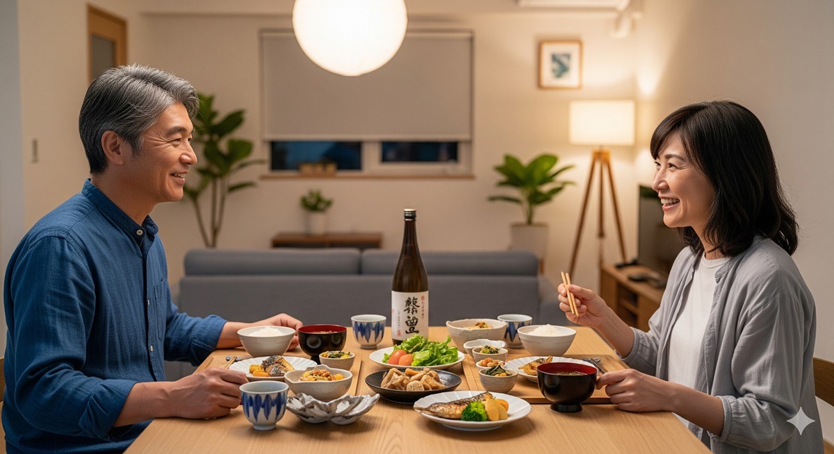 50代の日本人夫婦が夜に自宅で軽めの和食を楽しむ様子。健康的な食事習慣が快眠につながるイメージを表現した写真。