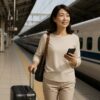 新幹線ホームでキャリーケースを持ち旅立つ50代女性の一人旅シーン